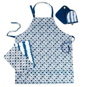 Apron Potholder Oven Mitt Kitchen Set Tie Dye Blue White 5-Pc Set Cotton NEW